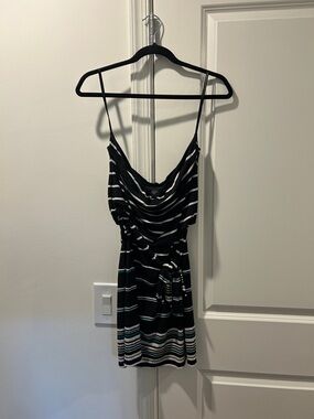 White House Black Market Black and White Striped Mini Dress with Teal Accents